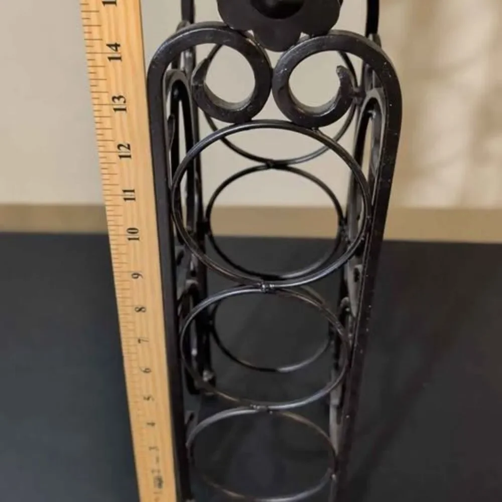 Vintage Wrought Iron Wine Rack 6 Bottle Holder Ornate Black Scroll Flower Design